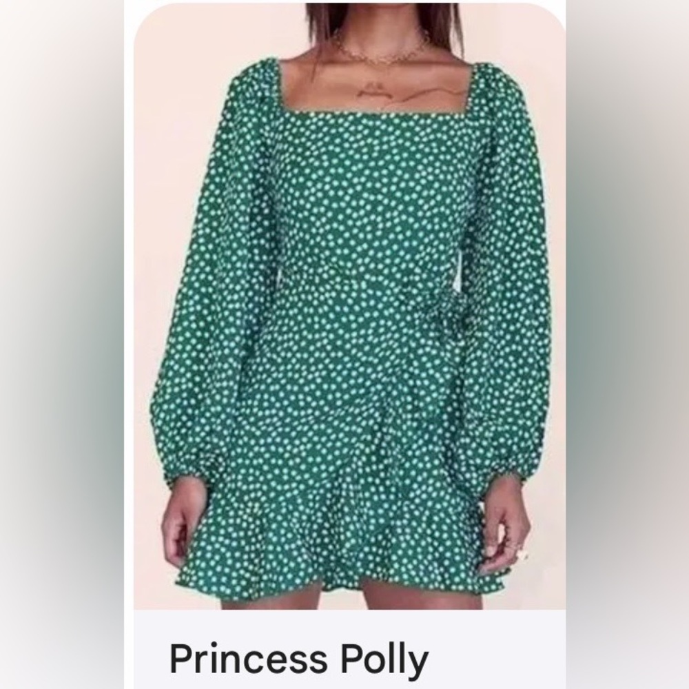 Princess Polly Mini Dress Faux Wrap Puff Sleeves Ruffled Hem Green Floral Size 2